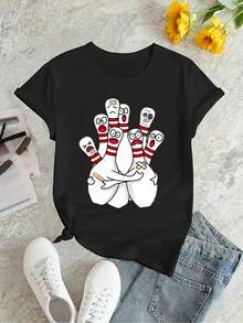 Funny Bowling Graphic Print T-Shirt, Short Sleeve Round Neck Casual Sports Top, Women's Sports T-Shirt - Black - View 6