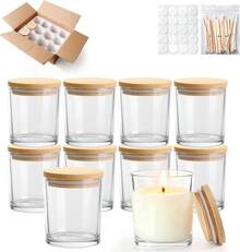 12pcs 7oz Glass Candle Jars With Bamboo Lids Wick Kits Thick Clear Wide Mouth Containers For Candle Making - Clear - View 1
