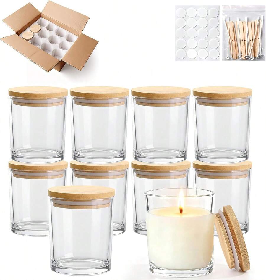 12pcs 7oz Glass Candle Jars With Bamboo Lids Wick Kits Thick Clear Wide Mouth Containers For Candle Making - Clear - View 1