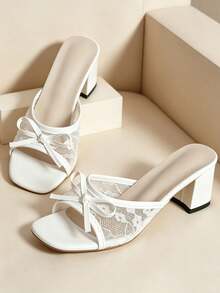 Women's Fairy-Style White Lace Mesh Square Toe Chunky Heel Slide Sandals With Bow, Open Toe, Suitable For Daily Wear, Commuting And Dates - White - View 8