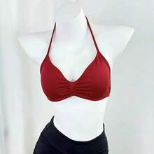 Sujetador deportivo halter con tiras para mujer, top sin costuras de alto soporte con efecto push-up para gimnasio, yoga y fitness - Rojo - Ver 3