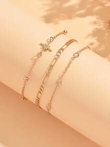 3er Set modische lässige goldene Ketten-Fußkettchen mit Lagen für Damen, minimalistische vielseitige Fußkettchen geeignet für den täglichen Gebrauch, Ausflüge, Dates, Strand und Urlaub - Verschiedenfarbig - Übersicht 3