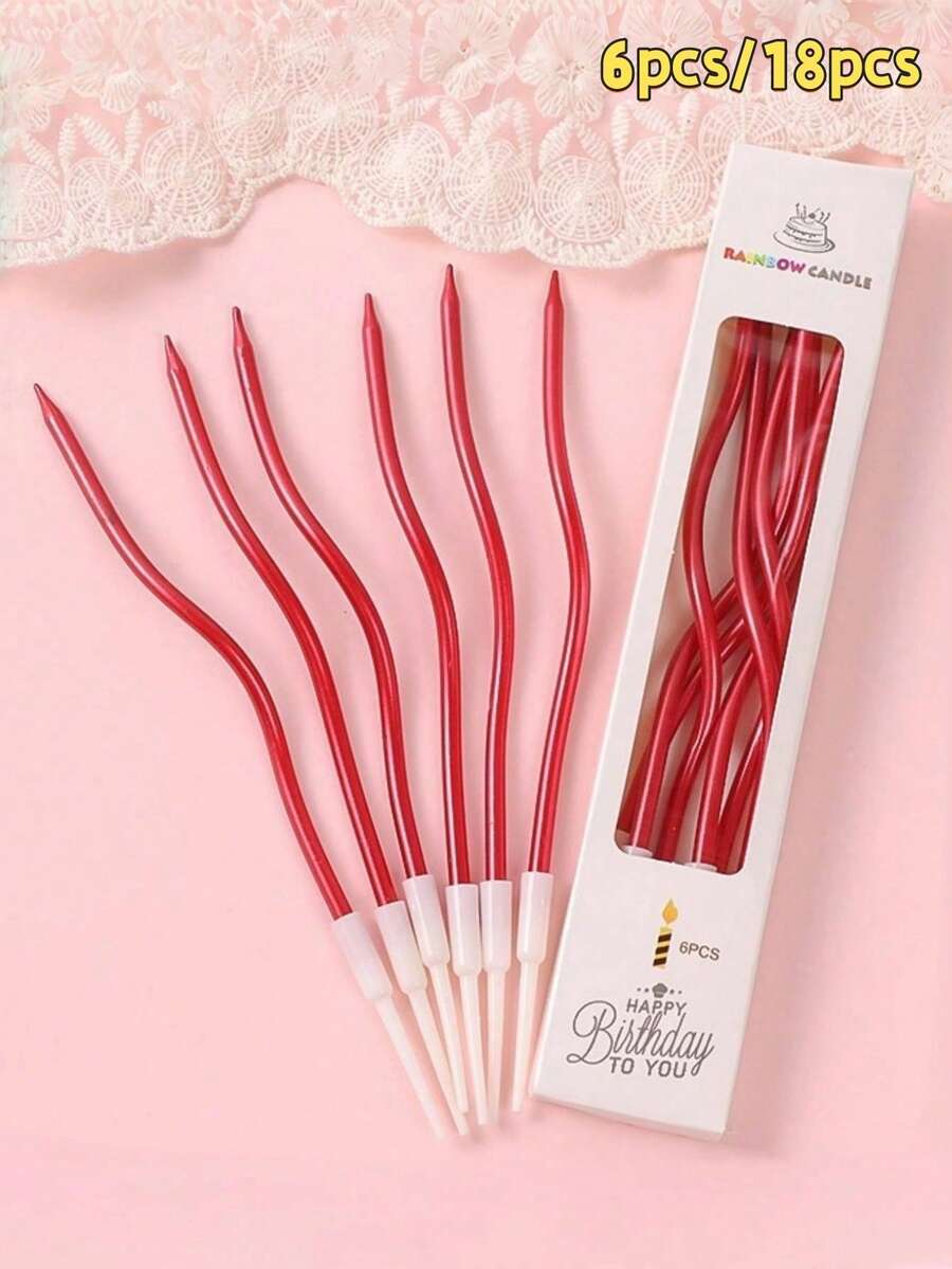 6 cái/18 cái Nến cong màu đỏ, Nến Giáng sinh, Nến ngày lễ tình nhân, Nến sinh nhật, Miếng chèn trang trí bánh sinh nhật, Đồ trang trí bánh sinh nhật, Đồ trang trí bánh, Đồ làm bánh, Đồ trang trí bánh - Đỏ - Xem 1