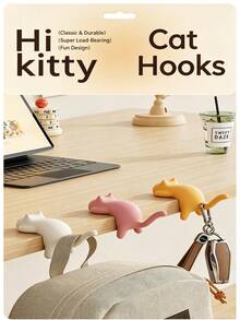 1pc Cute Cat Shaped Desk Hook, No-Drill Self-Adhesive Bag Hook, Strong Load-Bearing Multi-Functional Storage Organizer, Student Office Dorm Backpack Key Data Cable Storage Essential, Cute Animal Shaped Student Office Dorm Must-Have, Suitable For Carrying And Daily Use - Cat - View 1