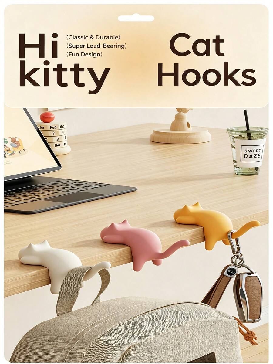 1pc Cute Cat Shaped Desk Hook, No-Drill Self-Adhesive Bag Hook, Strong Load-Bearing Multi-Functional Storage Organizer, Student Office Dorm Backpack Key Data Cable Storage Essential, Cute Animal Shaped Student Office Dorm Must-Have, Suitable For Carrying And Daily Use - Cat - View 1