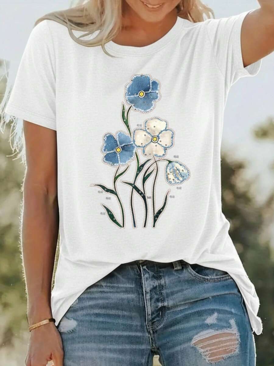 Fashionable Women's Clothing, Women's T-Shirts, Fashion Clothing, Parties, Campus, Travel, Blue Flower, White Flower - 黑 - 查看 1