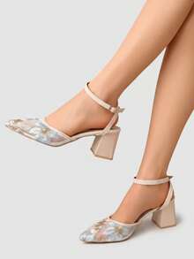 Tacones altos de punta fina con elegante bordado floral de malla, tacón grueso - Azul - Ver 9