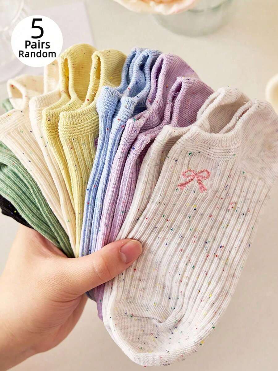 5 Pairs Women's Candy Color Socks, Invisible Socks, Bow Tie Mid-Calf Socks, Suitable For All Seasons, Random Colors - Multicolor - View 1