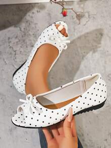 Women's Fashion Round Toe Open Toe Spring Summer Plus Size Slip-On Comfortable Elegant Flat Sandals - White Polka Dot Bow - View 4