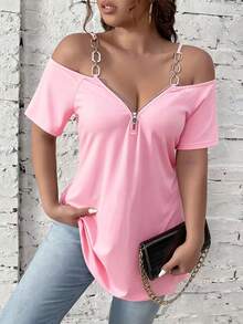 Women's Plus Size Plain Off-Shoulder Top - Medium Wash Blue - View 1