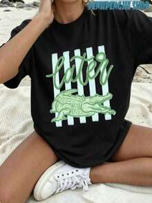 Casual Plus Size Short Sleeve Round Neck Tee With 'Later' Alligator Graphic, Relaxed Fit Top For Everyday Style - Black - View 1