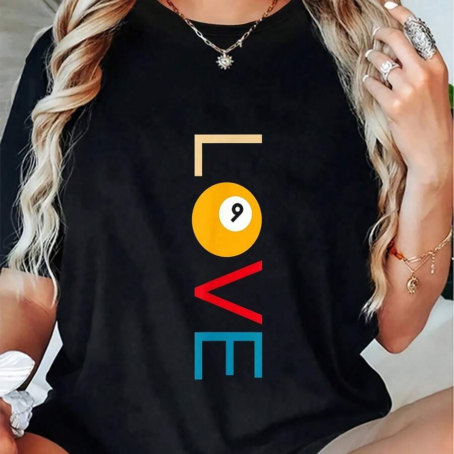 Cotton Love Pool Billiards T-Shirasual Short Sve Shirt - 黑色 - 查看 1