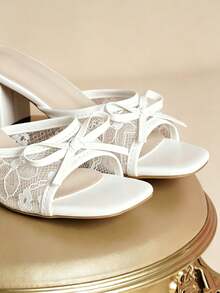 Women's Fairy-Style White Lace Mesh Square Toe Chunky Heel Slide Sandals With Bow, Open Toe, Suitable For Daily Wear, Commuting And Dates - White - View 11