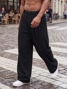 Plus Size Men's Belt Design Casual Loose Straight Leg Versatile Pants - Black - View 4