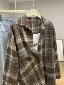 Women's Plaid Flannel Shirt, Collared Button Front, Long Sleeve Drop Shoulder, Regular Length, Non-Stretch Polyester Fabric, Autumn/Winter - Brown - View 6