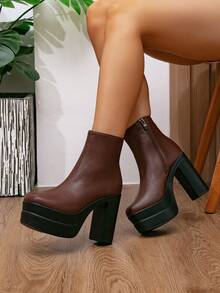 Botas de moda para mujer Otoño/Invierno Nuevo estilo con hebilla única Botas estilo británico Botines Tacón grueso Versátil Tacón alto Suela gruesa Zapatos para mujer - Marrón - Ver 2