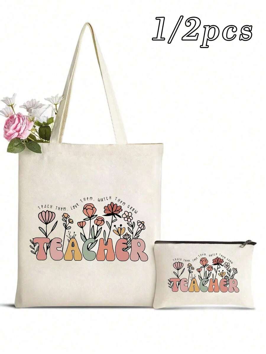1/2pcs Letter Print Tote Bag, Teacher's Day Gift, Floral Teacher Pattern, Personalized Wedding Gift Bag, Cosmetic Bag, Lightweight Shopping Bag, Multipurpose Storage Bag, Suitable For Women, Teachers, Bridesmaids, Back To School, Teacher's Day - Beige - View 1