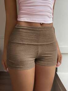 Sunny Sweet Style Summer Women's Y2K Brown Straight Leg Shorts, Foldable Waist, Suitable For Street Style, Daily Commute And Home Leisure - Brown - View 7