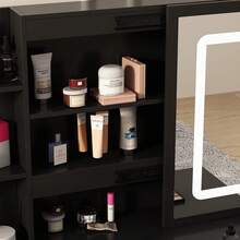 Vanity Dressing Table With Adjustable LED Lighting, Makeup Dressing Table With 5 Drawers And 3 Open Shelves, Makeup Table, Adjustable Illuminated Touchscreen Mirror - Negro-Izquierda - 查看 9