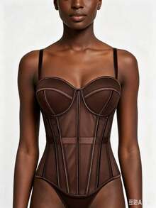 1PC Sexy Tight-Fitting Mature Lady Style Solid Color Fashion Fishbone Corset Slimming Mesh Camisole With Chest Pads For Outerwear - 咖色 - 查看 3