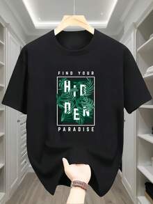 Camiseta de manga corta para hombre,% algodón, con cuello redondo y estampado creativo de hojas verdes DEN, informal y cómoda. - Blanco - Ver 7