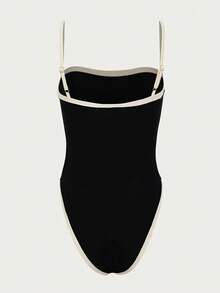 HOTTIE HABIT Maillot de bain une pièce sexy pour femmes avec bretelles spaghetti, blocs de couleurs noir et blanc, bordure contrastée, coupe haute, convient pour les vacances d'été à la plage - Multicolore - Voir 7
