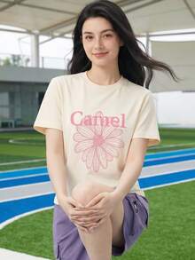 CAMEL CROWN 户外运动雏菊印花短袖T恤，夏季纯棉宽松休闲圆领上衣 - 暖白 - 查看 3