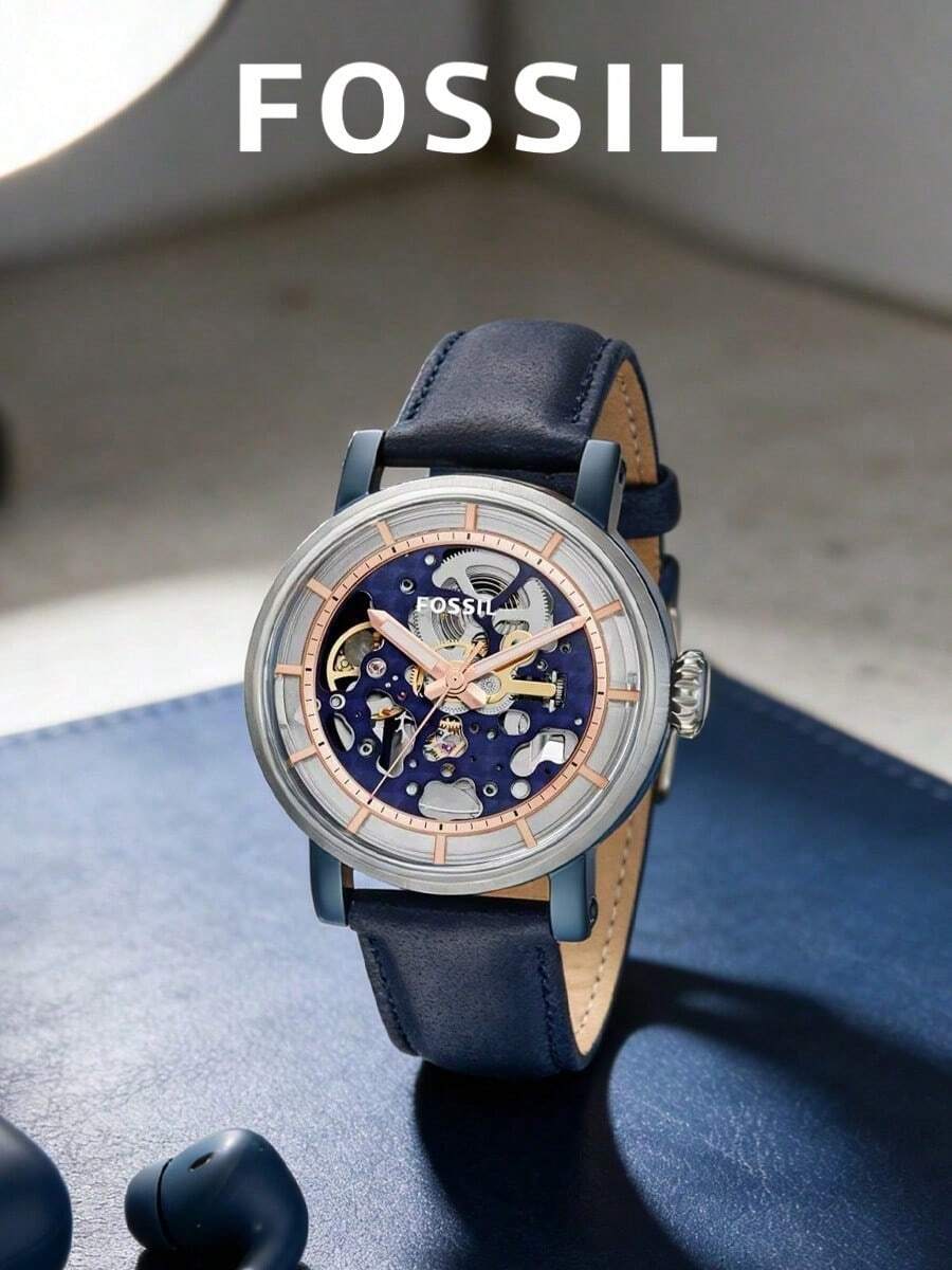 Fossil Boyfriend ME3136 休闲时尚自动男士手表玫瑰金和蓝色圆形表盘和蓝色皮革表带休闲手表适合日常佩戴男士理想生日礼物 - 藍色 - 查看 1
