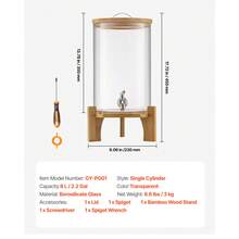 Dispenser per bevande, dispenser per bevande da 8L per feste, dispenser per succhi in vetro con supporto in legno, rubinetto in acciaio inossidabile, dispenser per tè freddo, limonata, succhi e acqua per feste - 8 litri - Visualizzare 7