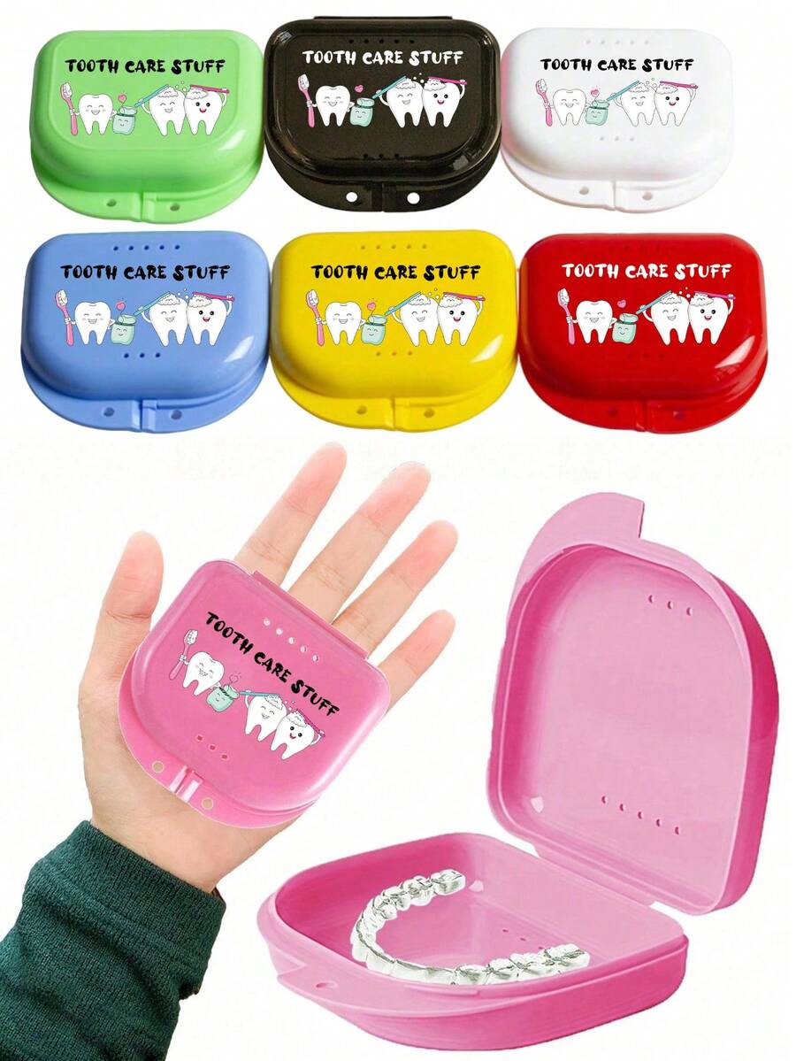 牙科牙套假牙收納盒，帶牙齒圖案與「Tooth Care Stuff」字樣，護齒器收納盒，假牙盒，耐用通風牙套盒，牙套收納盒，牙科收納盒，假牙放置盒，牙科配件，假牙套，牙齒 - 彩色 - 查看 1
