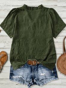 Camisa de manga corta con volantes y cuello en V de color sólido - verde helecho - Ver 2