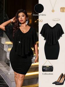 Plus Size V-Neck Elegant Fitted Dress Black Summer - Black - View 1