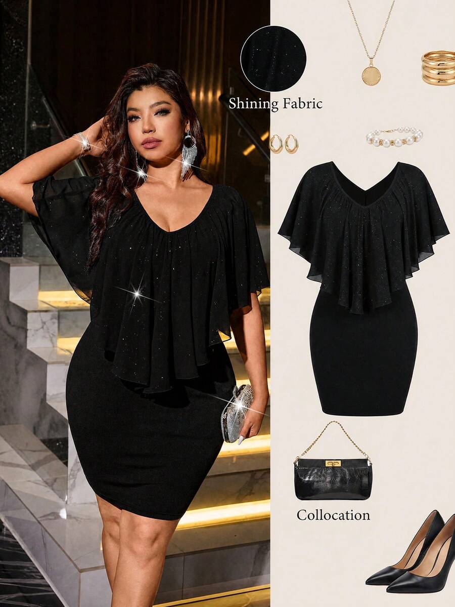 Plus Size V-Neck Elegant Fitted Dress Black Summer - Black - View 1