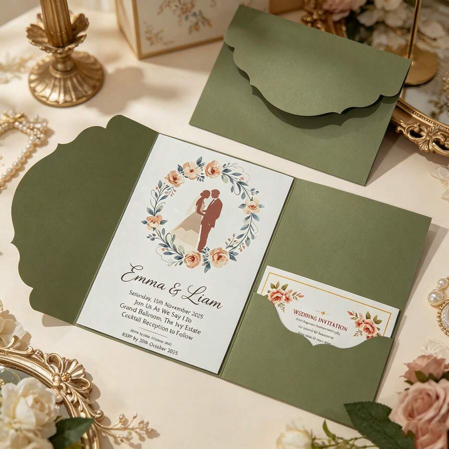 10pcs Tri-Fold Pocket Wedding Invitation Cards With Envelopes, Minimalist Style Suitable For Engagement, Baptism, DIY Invitations, Size 5*7 Inches, Pocket Invitations, Christmas Cards - 10Pcs - View 1