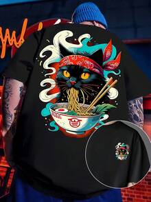 [Imágenes Frontales y Traseras]Camiseta casual de manga corta para hombre con estampado de ramen estilo japonés, adecuada para primavera y verano, ofrece un uso diario cómodo. - Negro - Ver 1