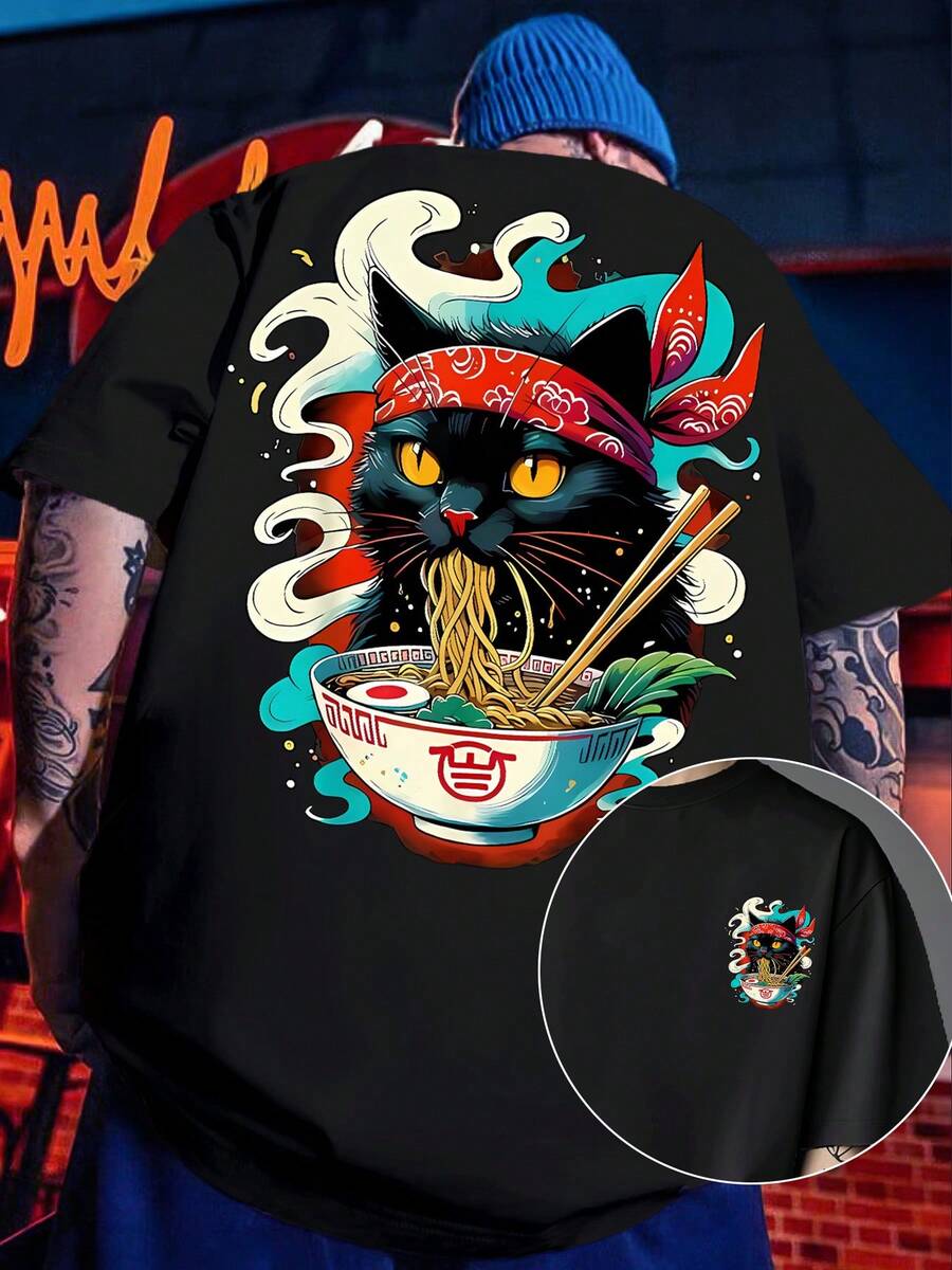 [Imágenes Frontales y Traseras]Camiseta casual de manga corta para hombre con estampado de ramen estilo japonés, adecuada para primavera y verano, ofrece un uso diario cómodo. - Negro - Ver 1
