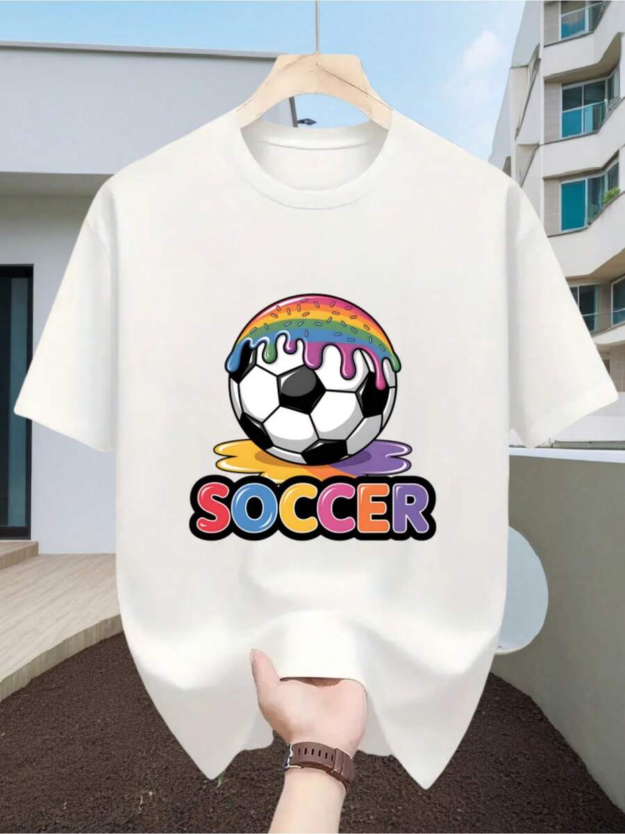 SOCCER Icing Print-Shirt: Unisex, Summer Fashion, Washable, Featuring A Cartoon-Style Icing PrintDaily Ca - White - View 1