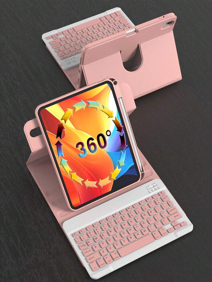 360°旋转键盘保护套，兼容iPad（A16）第11/10代、第7/8/9代，iPad Air第4/5代/(M2) 2024/(M3) 2025，iPad Pro 11英寸（2018/2020/2021/2022），PU皮革材质，内置可拆卸无线键盘，150mAh电池，带Apple Pencil收纳槽，粉色