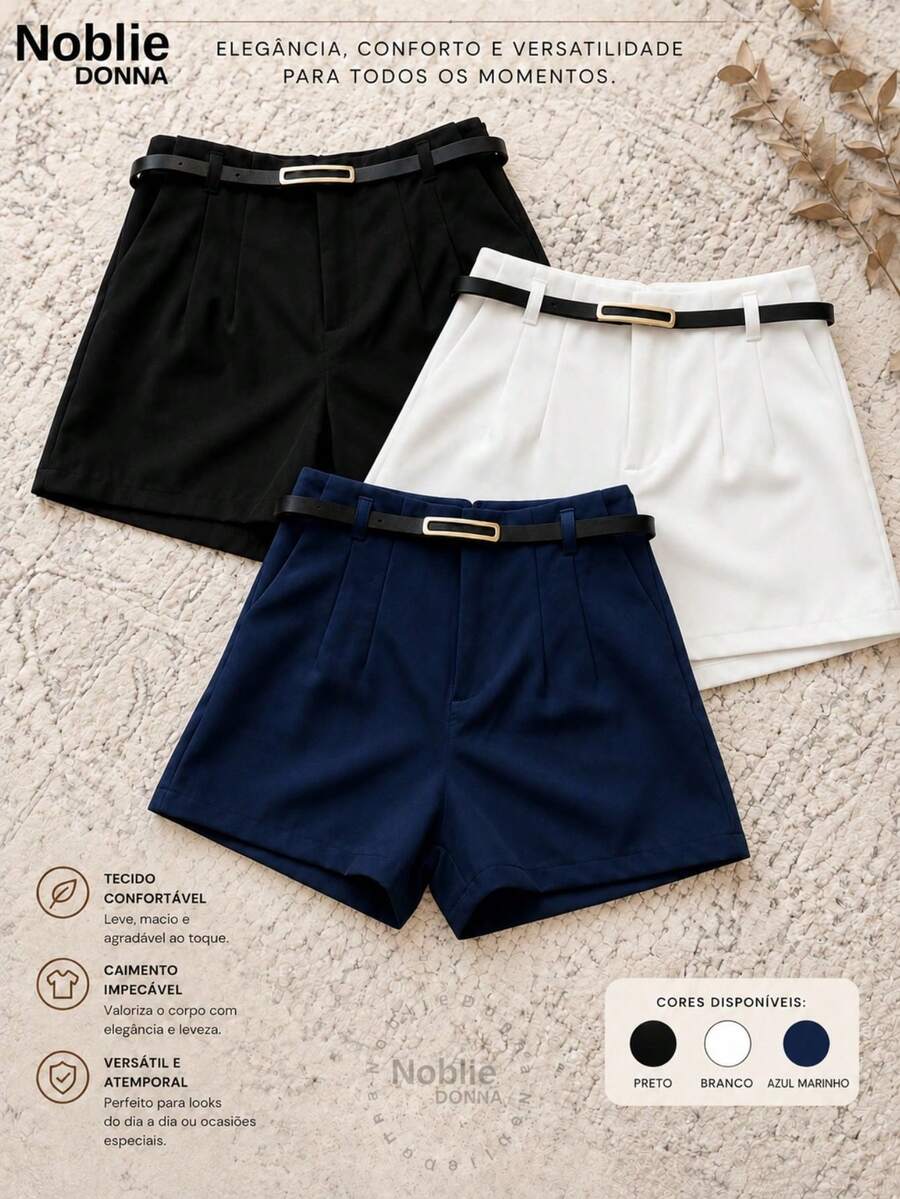 Set Of 3 Women's High-Waisted Tailored Shorts + 1 Free Belt - 1 BLACK 1 WHITE 1 NAVY BLUE - View 1