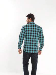 Men's Casual Long-Sleeved Plaid Shirt - 薄荷藍 - 查看 2