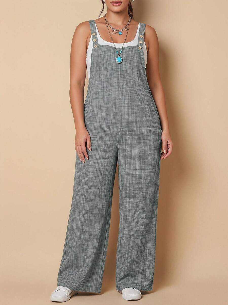 Voworia Plus Size 1pc Solid Color Woven Fabric Button Pockets Women Jumpsuits, Back To School Party, Travel, All Season, Faux Denim Casual - Light Grey - View 1