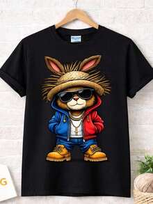Puede Incluir Una Camiseta Negra Con Un Conejo De Dibujos Animados Usando Gafas De Sol - Blanco - Ver 1