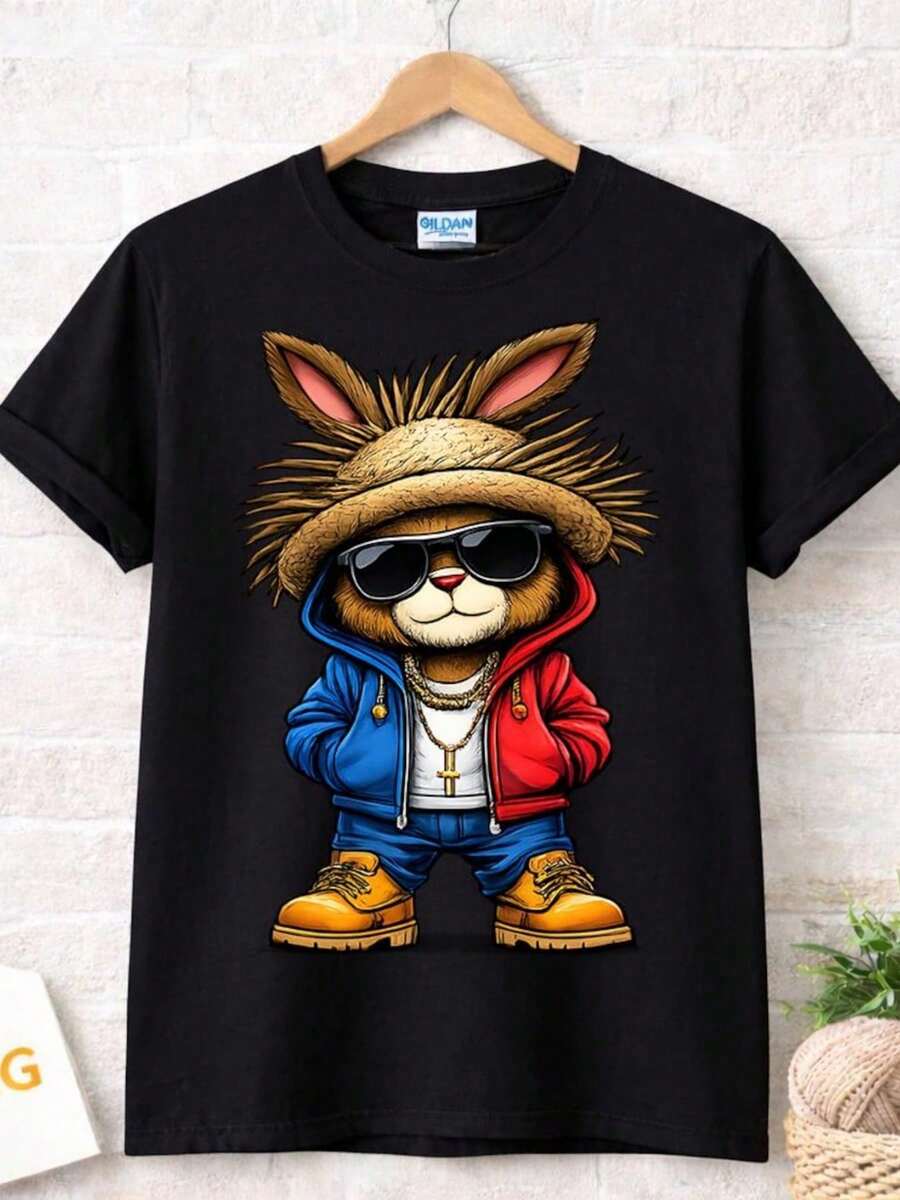 Puede Incluir Una Camiseta Negra Con Un Conejo De Dibujos Animados Usando Gafas De Sol - Blanco - Ver 1