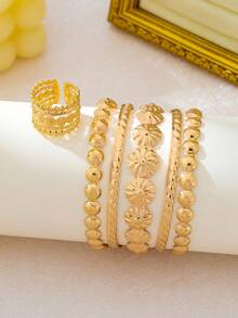 European And American Style 2pcs/Set Bohemian Pattern Bracelet And Ring Set, Versatile Daily Commute Party Women's Layered Jewelry Accessories - Yellow Gold - View 4