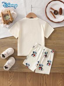 Disney 女嬰T恤套裝，夏季迪士尼溫柔甜美風，彈性修身圓領奶油白底藍色蝴蝶結米妮印花T恤 + 搭配奶油白米妮滿版印花短褲，2件套，休閒日常、旅行、度假、派對，適合3歲以下女童 - 杏色 - 查看 3