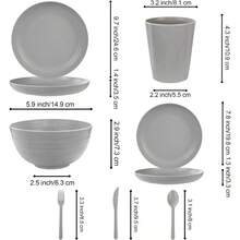 - Juego de 28 platos y cuencos de cocina, juego de vajilla de paja de trigo, platos irrompibles y juegos de cuencos para 4, platos reutilizables para uso diario y campamento, decoracin de cocina - 28 piezas (4 invitados) + Gris,claro - Ver 3