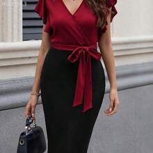 Yunuo Menswear Vestido de verano elegante con cuello en V, mangas cortas, volantes en el bajo y parches de colores contrastantes para mujer - Blanco - Ver 4