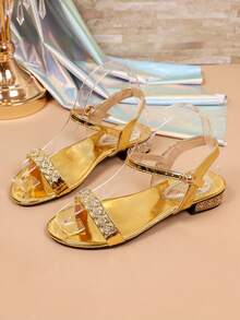 Fashion Women's Rhinestone Decorated Square Toe Open Toe Low Heel Sandals With Buckle Back Strap Roman Shoes, Soft Sole Anti-Slip Breathable Non-Chafing Daily Commute Shopping Casual Vacation Party Date Travel Outdoor Women's Shoes - Gold - View 5