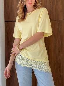 Plus Size T-Shirt New Fashion Contrast Lace Knit Long Asymmetrical Hem Top Beach Casual Holiday School Birthday Party Yellow Summer - Yellow - View 6