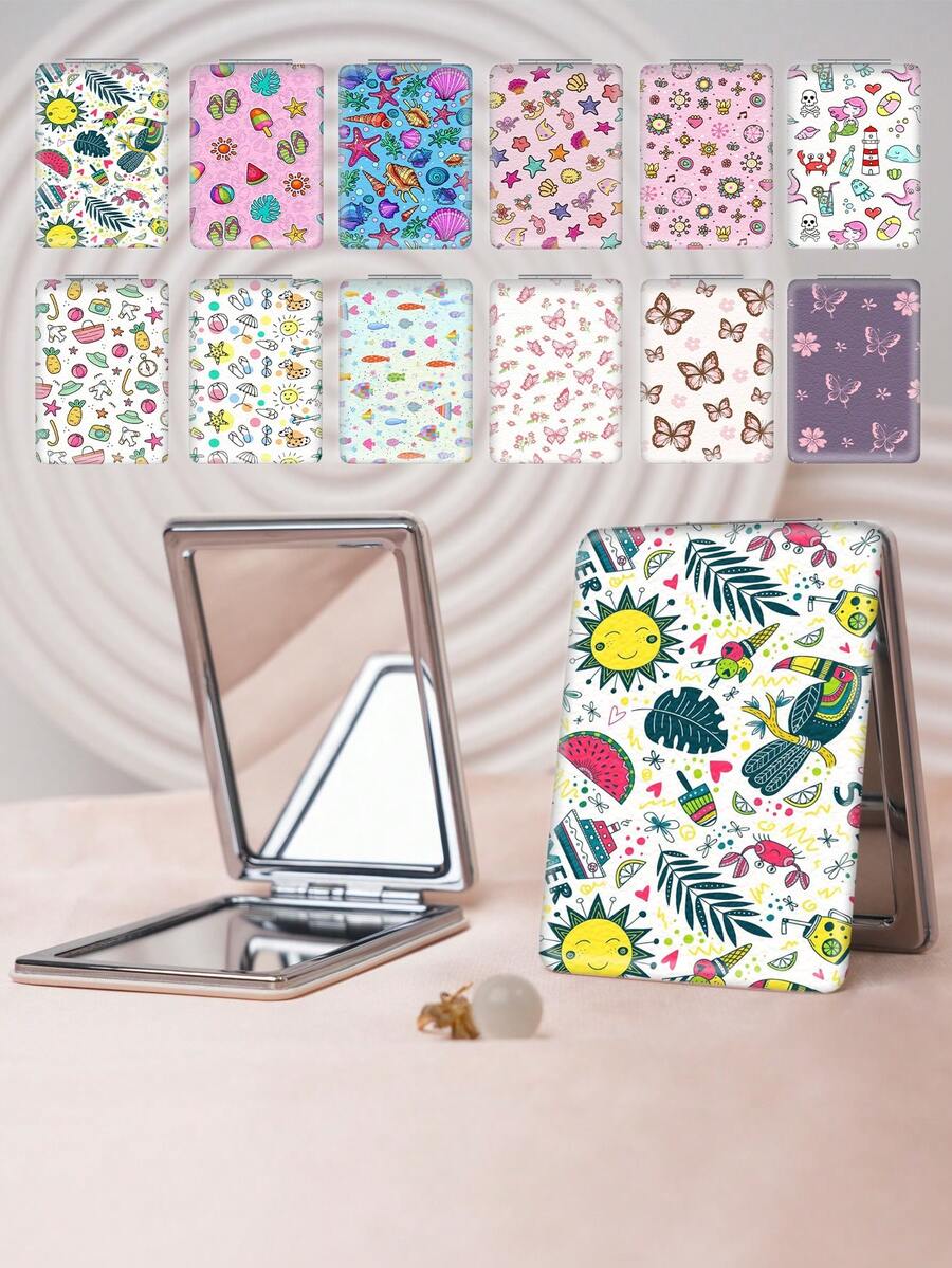 1PC Cartoon Graffiti Series Portable Vanity Mirror, Foldable Lightweight Ultra-Thin Convenient Hand Mirror, Durable PU Leather, Suitable For Multiple Scenes And All People, Rectangular Small Mirror, Pocket Mirror, Ocean Tropical Print Butterfly Pattern Design, Exquisite And Delicate, Foldable Structure, Durable And Reliable, Shockproof, Easy To Carry, Handheld Makeup Mirror, 180° Flip Cover, Multifunctional Mini Mirror - Multicolor - View 1